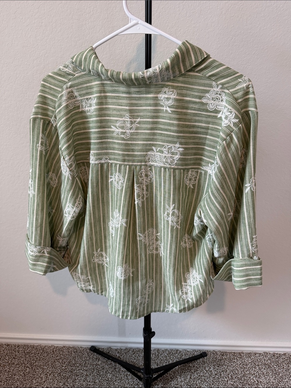 Chenault Green and White Striped Embroidered Button-Up Blouse - Picture 5 of 5